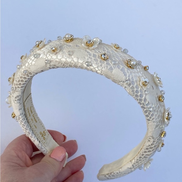 1” Padded Headband Offwhite Vintage Lace Overlay Flower/beads Adorned Handmade - Picture 7 of 11